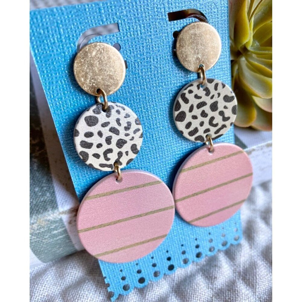 New Retro 80s Style Gold Pink Black White Leopard Print Circle Disk Earrings 3"